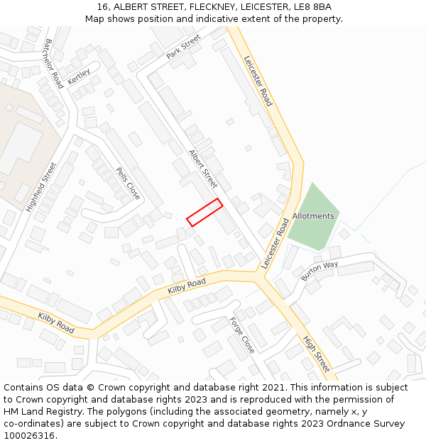 16, ALBERT STREET, FLECKNEY, LEICESTER, LE8 8BA: Location map and indicative extent of plot