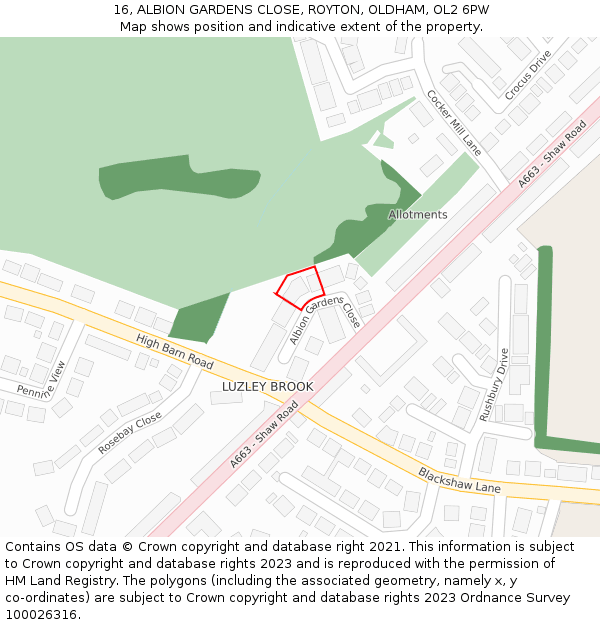 16, ALBION GARDENS CLOSE, ROYTON, OLDHAM, OL2 6PW: Location map and indicative extent of plot