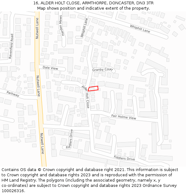 16, ALDER HOLT CLOSE, ARMTHORPE, DONCASTER, DN3 3TR: Location map and indicative extent of plot