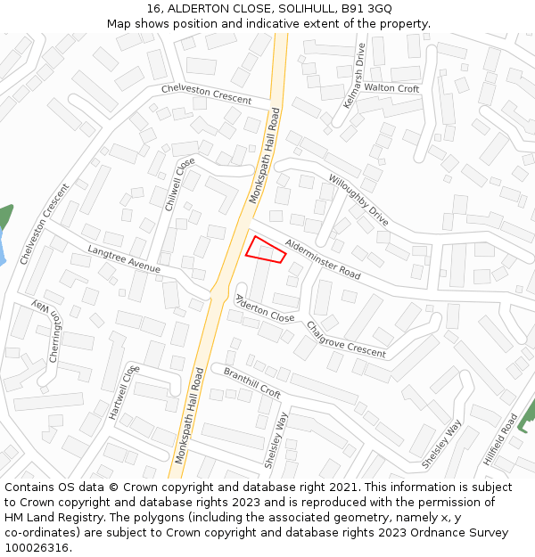 16, ALDERTON CLOSE, SOLIHULL, B91 3GQ: Location map and indicative extent of plot