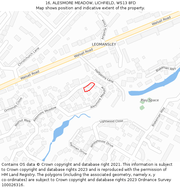 16, ALESMORE MEADOW, LICHFIELD, WS13 8FD: Location map and indicative extent of plot