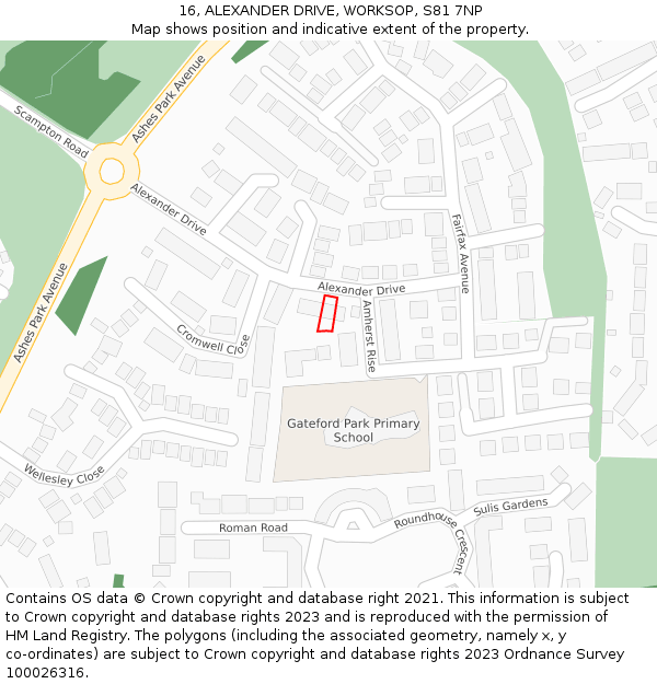 16, ALEXANDER DRIVE, WORKSOP, S81 7NP: Location map and indicative extent of plot