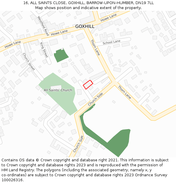 16, ALL SAINTS CLOSE, GOXHILL, BARROW-UPON-HUMBER, DN19 7LL: Location map and indicative extent of plot