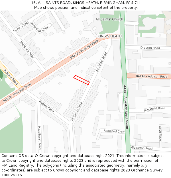 16, ALL SAINTS ROAD, KINGS HEATH, BIRMINGHAM, B14 7LL: Location map and indicative extent of plot