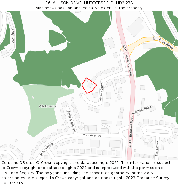 16, ALLISON DRIVE, HUDDERSFIELD, HD2 2RA: Location map and indicative extent of plot