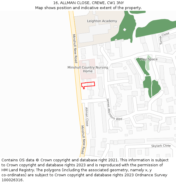 16, ALLMAN CLOSE, CREWE, CW1 3NY: Location map and indicative extent of plot