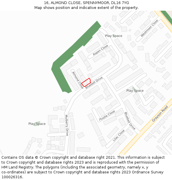 16, ALMOND CLOSE, SPENNYMOOR, DL16 7YG: Location map and indicative extent of plot