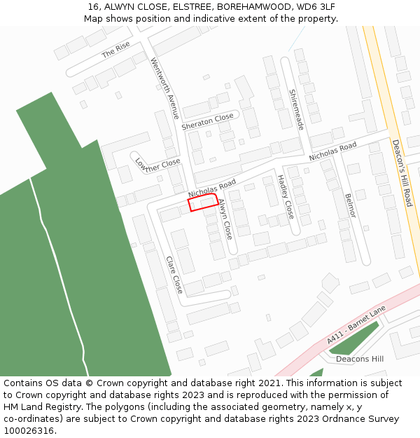 16, ALWYN CLOSE, ELSTREE, BOREHAMWOOD, WD6 3LF: Location map and indicative extent of plot