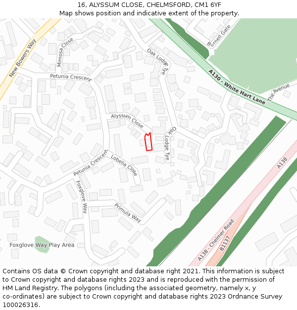 16, ALYSSUM CLOSE, CHELMSFORD, CM1 6YF: Location map and indicative extent of plot