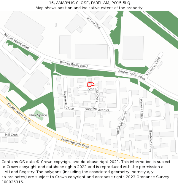 16, AMARYLIS CLOSE, FAREHAM, PO15 5LQ: Location map and indicative extent of plot