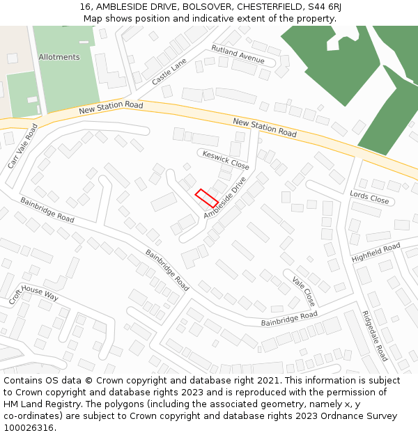 16, AMBLESIDE DRIVE, BOLSOVER, CHESTERFIELD, S44 6RJ: Location map and indicative extent of plot