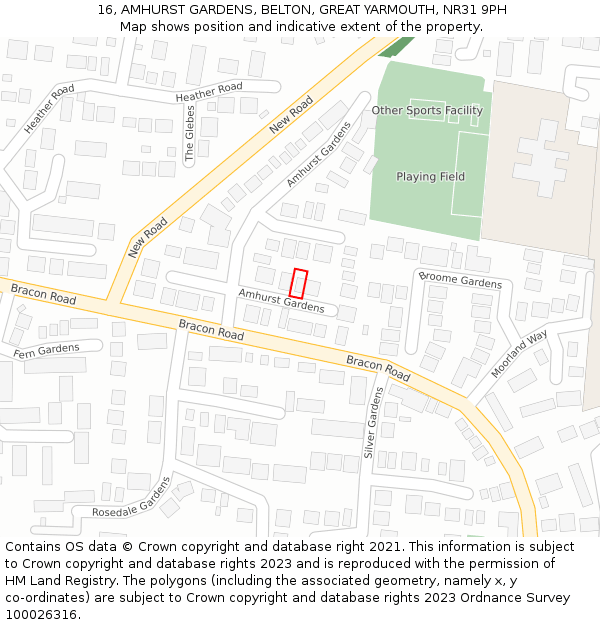 16, AMHURST GARDENS, BELTON, GREAT YARMOUTH, NR31 9PH: Location map and indicative extent of plot