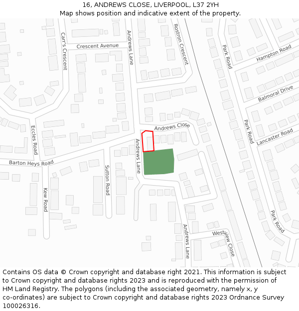 16, ANDREWS CLOSE, LIVERPOOL, L37 2YH: Location map and indicative extent of plot