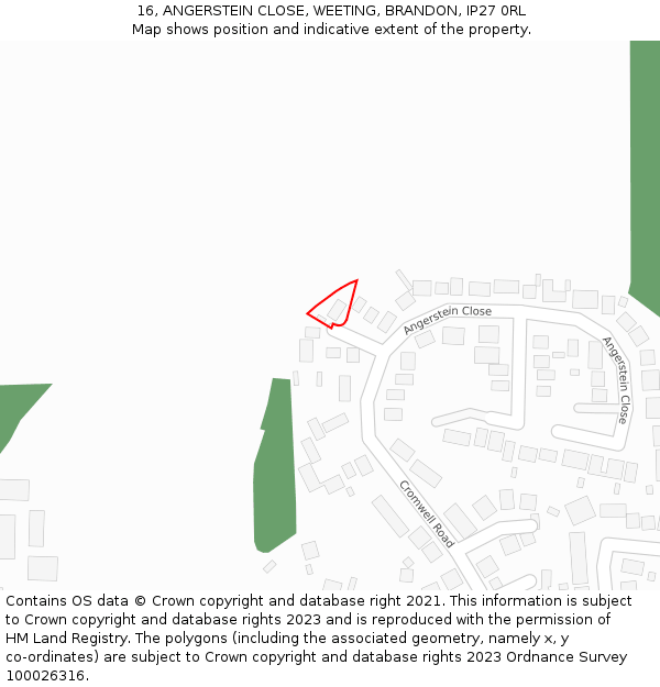 16, ANGERSTEIN CLOSE, WEETING, BRANDON, IP27 0RL: Location map and indicative extent of plot