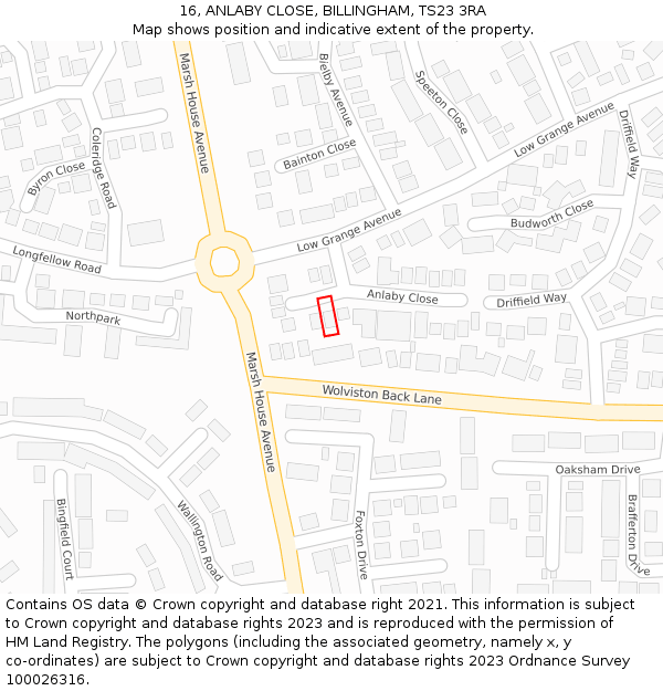 16, ANLABY CLOSE, BILLINGHAM, TS23 3RA: Location map and indicative extent of plot
