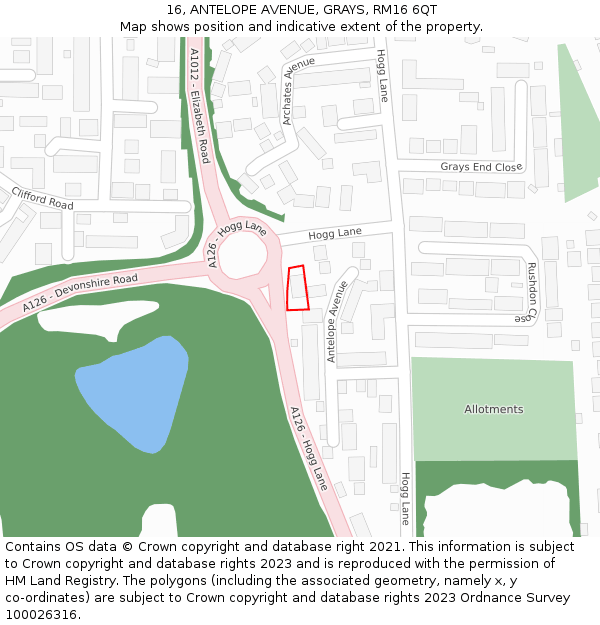 16, ANTELOPE AVENUE, GRAYS, RM16 6QT: Location map and indicative extent of plot