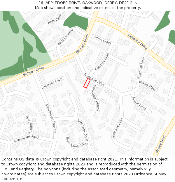 16, APPLEDORE DRIVE, OAKWOOD, DERBY, DE21 2LN: Location map and indicative extent of plot