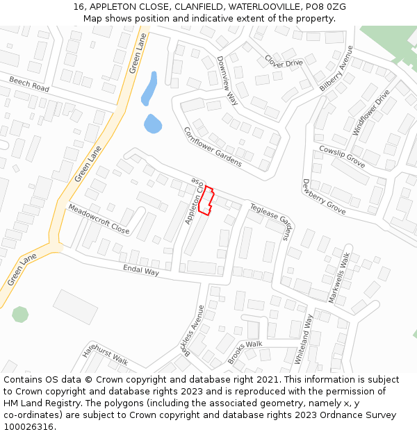 16, APPLETON CLOSE, CLANFIELD, WATERLOOVILLE, PO8 0ZG: Location map and indicative extent of plot