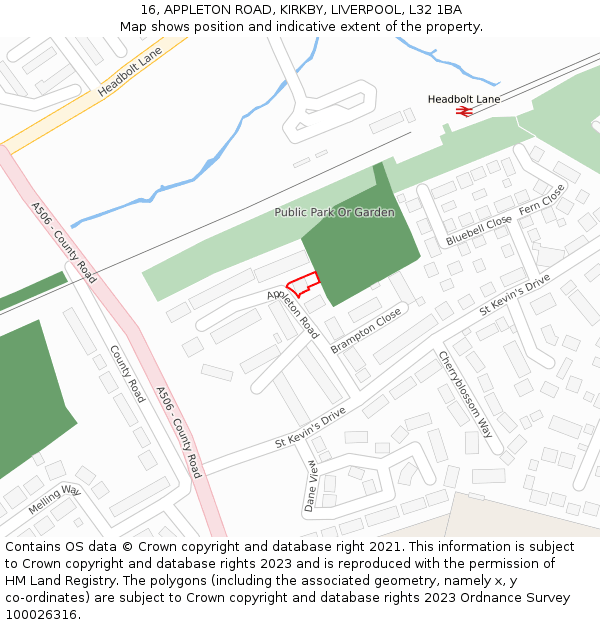 16, APPLETON ROAD, KIRKBY, LIVERPOOL, L32 1BA: Location map and indicative extent of plot