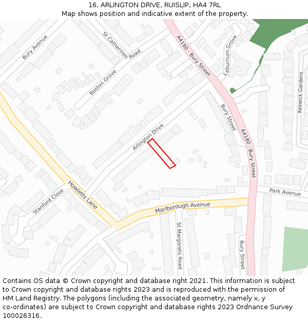 16, ARLINGTON DRIVE, RUISLIP, HA4 7RL: Location map and indicative extent of plot