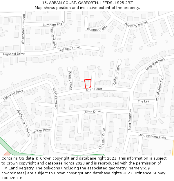 16, ARRAN COURT, GARFORTH, LEEDS, LS25 2BZ: Location map and indicative extent of plot