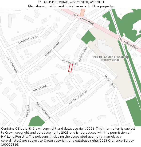 16, ARUNDEL DRIVE, WORCESTER, WR5 2HU: Location map and indicative extent of plot