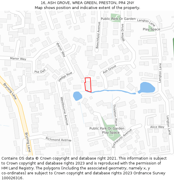 16, ASH GROVE, WREA GREEN, PRESTON, PR4 2NY: Location map and indicative extent of plot