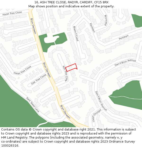 16, ASH TREE CLOSE, RADYR, CARDIFF, CF15 8RX: Location map and indicative extent of plot