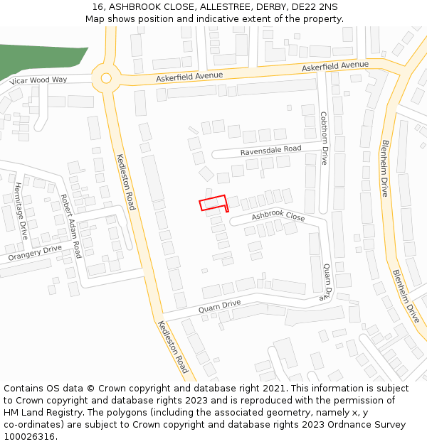 16, ASHBROOK CLOSE, ALLESTREE, DERBY, DE22 2NS: Location map and indicative extent of plot