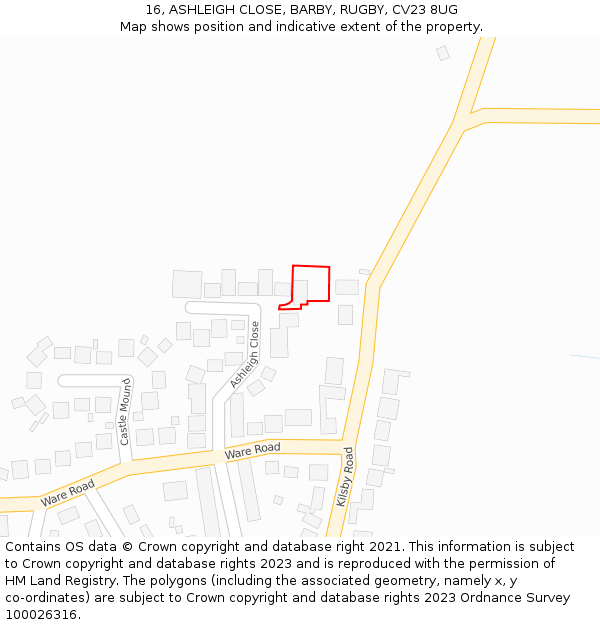 16, ASHLEIGH CLOSE, BARBY, RUGBY, CV23 8UG: Location map and indicative extent of plot