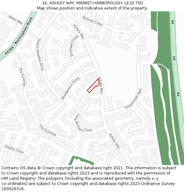 16, ASHLEY WAY, MARKET HARBOROUGH, LE16 7XD: Location map and indicative extent of plot