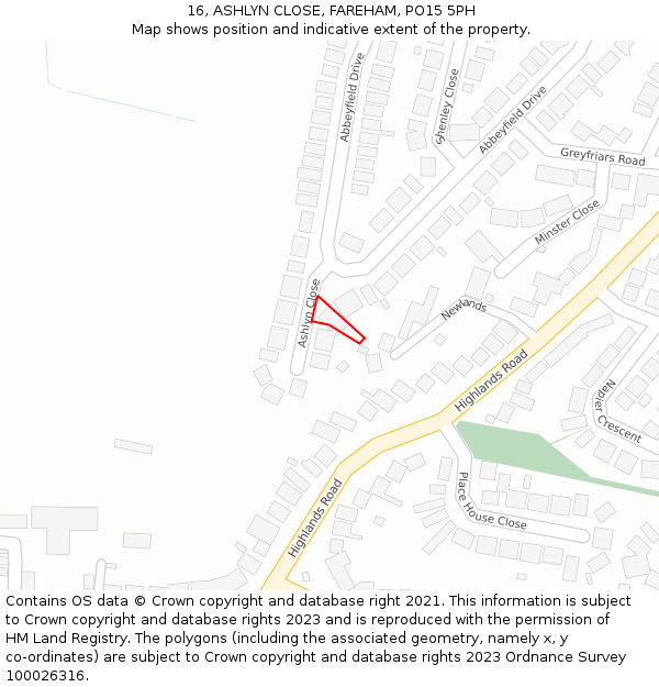 16, ASHLYN CLOSE, FAREHAM, PO15 5PH: Location map and indicative extent of plot