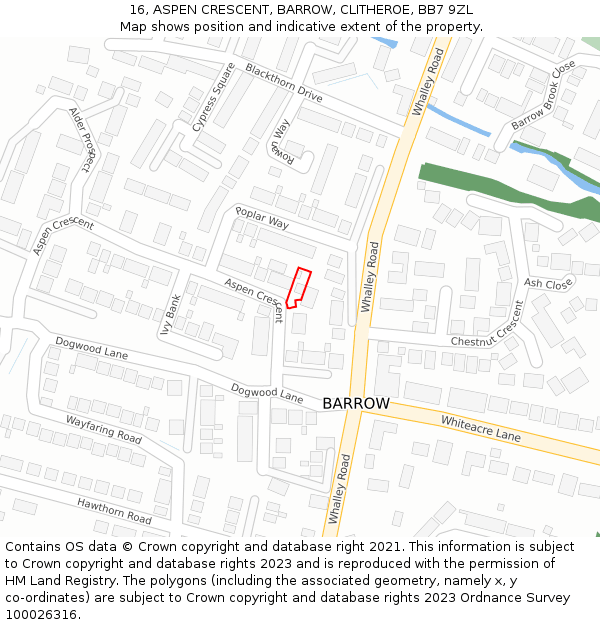 16, ASPEN CRESCENT, BARROW, CLITHEROE, BB7 9ZL: Location map and indicative extent of plot