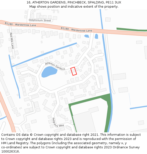 16, ATHERTON GARDENS, PINCHBECK, SPALDING, PE11 3UX: Location map and indicative extent of plot