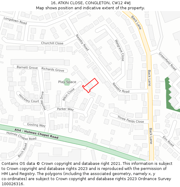 16, ATKIN CLOSE, CONGLETON, CW12 4WJ: Location map and indicative extent of plot