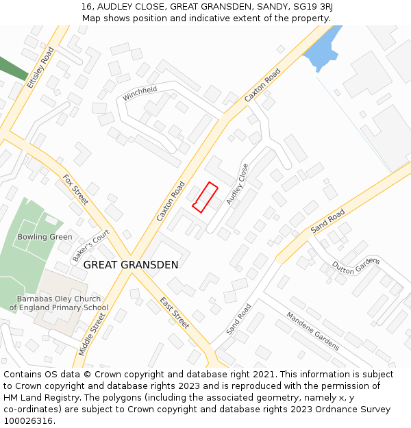 16, AUDLEY CLOSE, GREAT GRANSDEN, SANDY, SG19 3RJ: Location map and indicative extent of plot