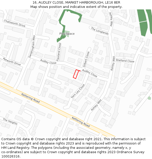 16, AUDLEY CLOSE, MARKET HARBOROUGH, LE16 8ER: Location map and indicative extent of plot