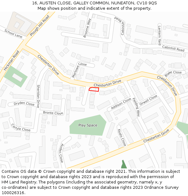 16, AUSTEN CLOSE, GALLEY COMMON, NUNEATON, CV10 9QS: Location map and indicative extent of plot