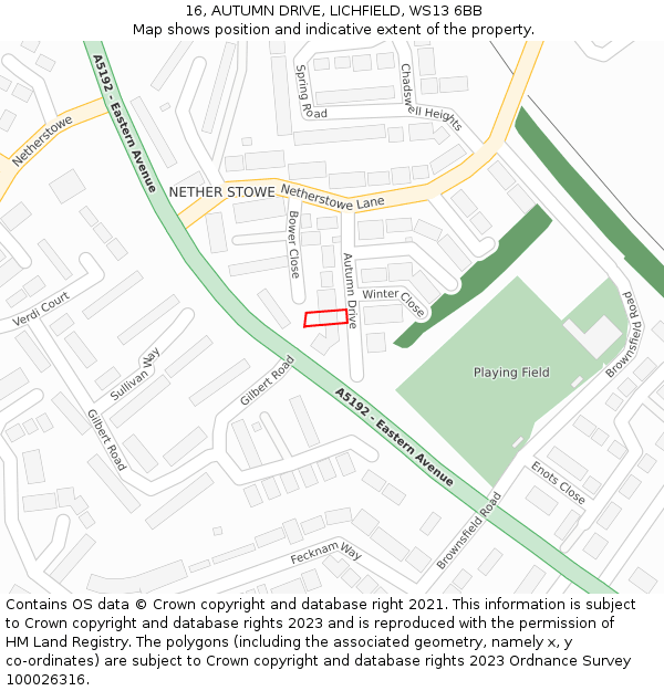 16, AUTUMN DRIVE, LICHFIELD, WS13 6BB: Location map and indicative extent of plot