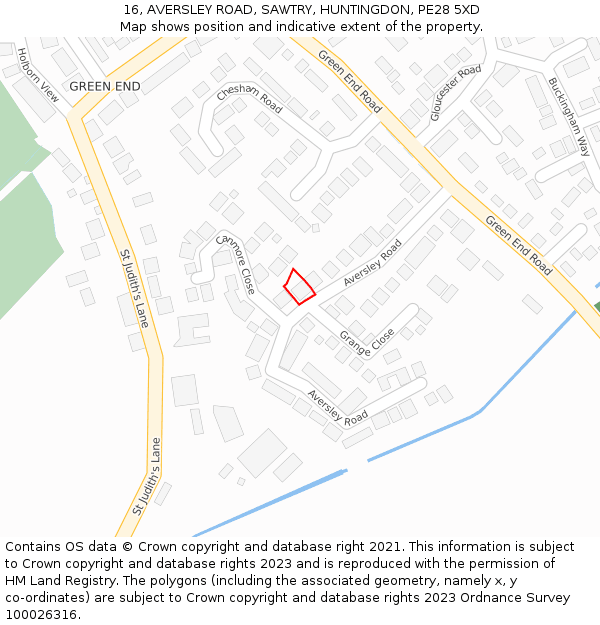 16, AVERSLEY ROAD, SAWTRY, HUNTINGDON, PE28 5XD: Location map and indicative extent of plot