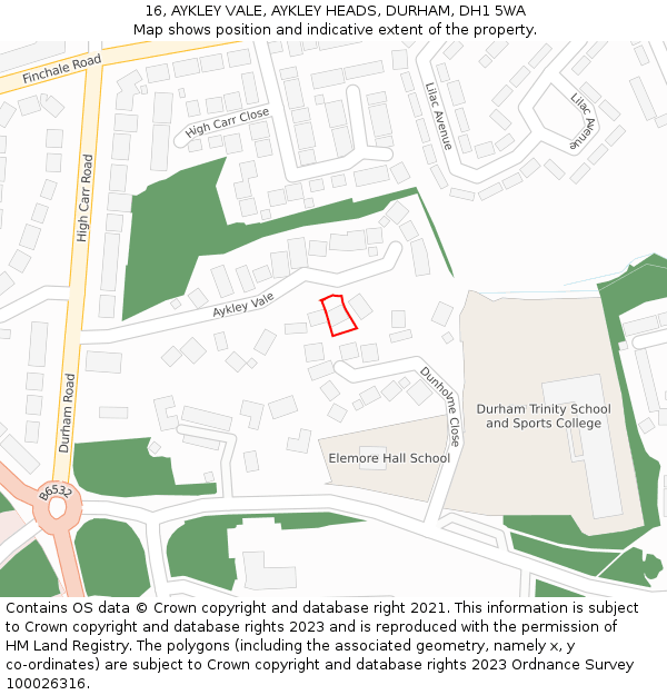 16, AYKLEY VALE, AYKLEY HEADS, DURHAM, DH1 5WA: Location map and indicative extent of plot