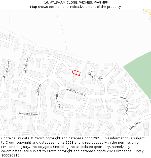 16, AYLSHAM CLOSE, WIDNES, WA8 4FF: Location map and indicative extent of plot
