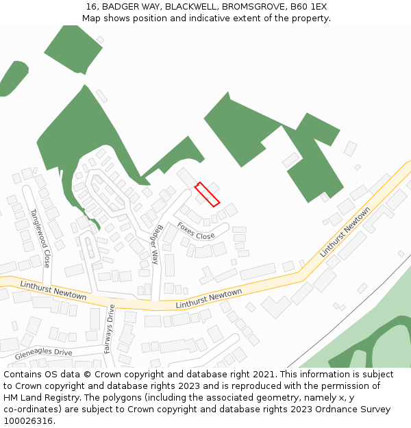 16, BADGER WAY, BLACKWELL, BROMSGROVE, B60 1EX: Location map and indicative extent of plot