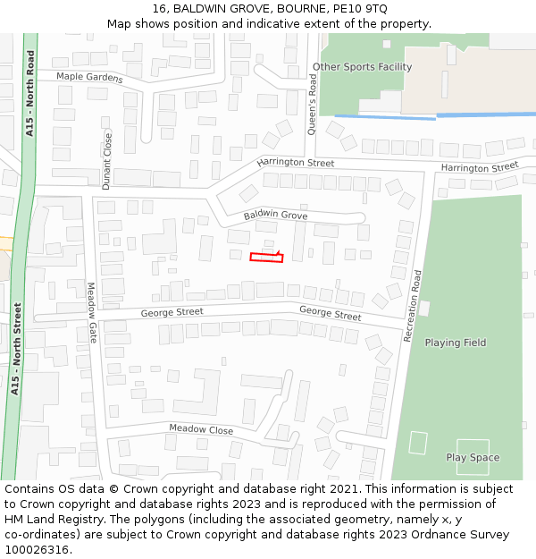 16, BALDWIN GROVE, BOURNE, PE10 9TQ: Location map and indicative extent of plot