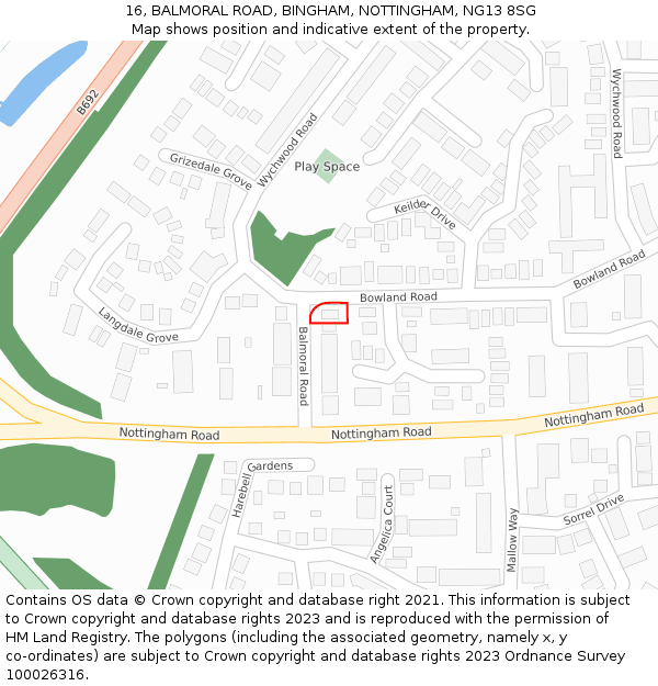16, BALMORAL ROAD, BINGHAM, NOTTINGHAM, NG13 8SG: Location map and indicative extent of plot