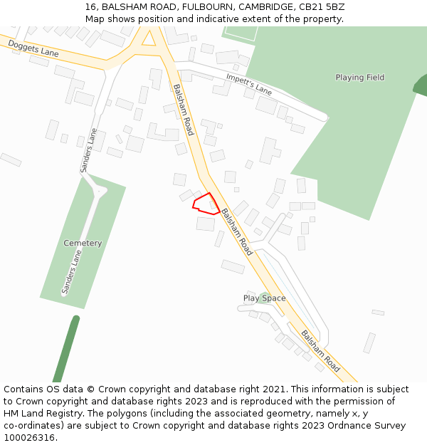 16, BALSHAM ROAD, FULBOURN, CAMBRIDGE, CB21 5BZ: Location map and indicative extent of plot