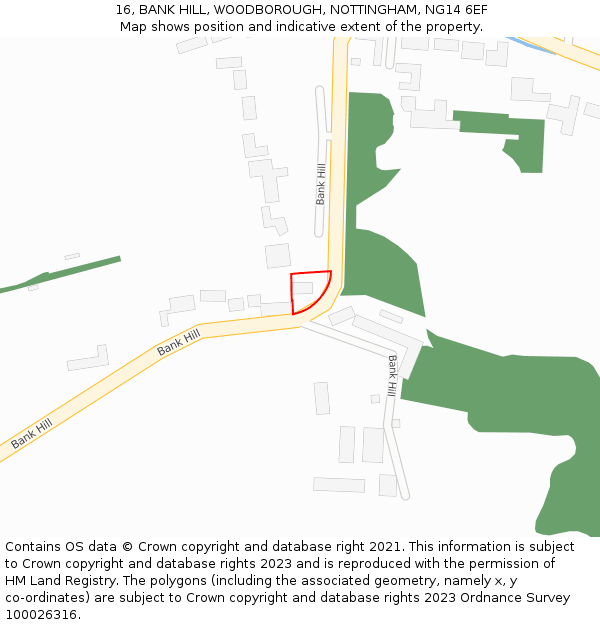 16, BANK HILL, WOODBOROUGH, NOTTINGHAM, NG14 6EF: Location map and indicative extent of plot