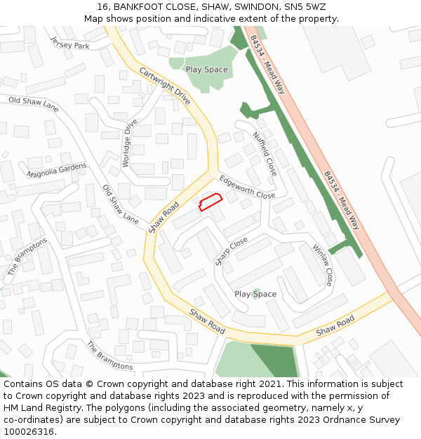 16, BANKFOOT CLOSE, SHAW, SWINDON, SN5 5WZ: Location map and indicative extent of plot