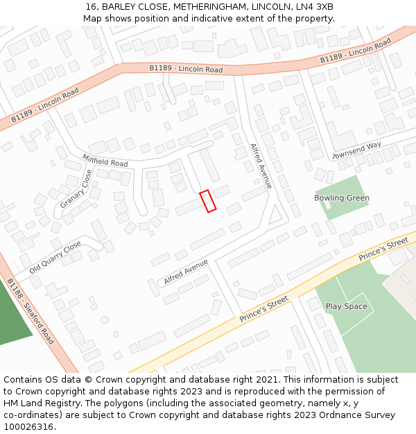 16, BARLEY CLOSE, METHERINGHAM, LINCOLN, LN4 3XB: Location map and indicative extent of plot