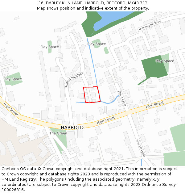 16, BARLEY KILN LANE, HARROLD, BEDFORD, MK43 7FB: Location map and indicative extent of plot